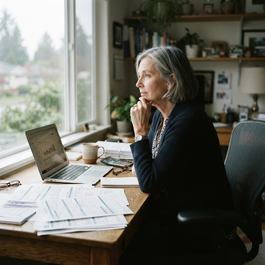 A woman in her early 60s reviews retirement planning documents at a home desk.