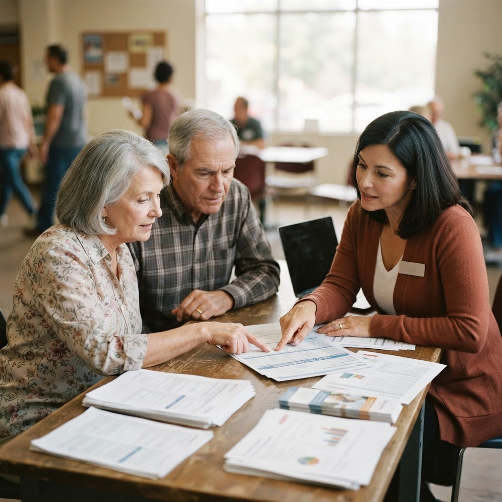 A senior couple compares Medicare plan paperwork with a counselor at an assistance desk.