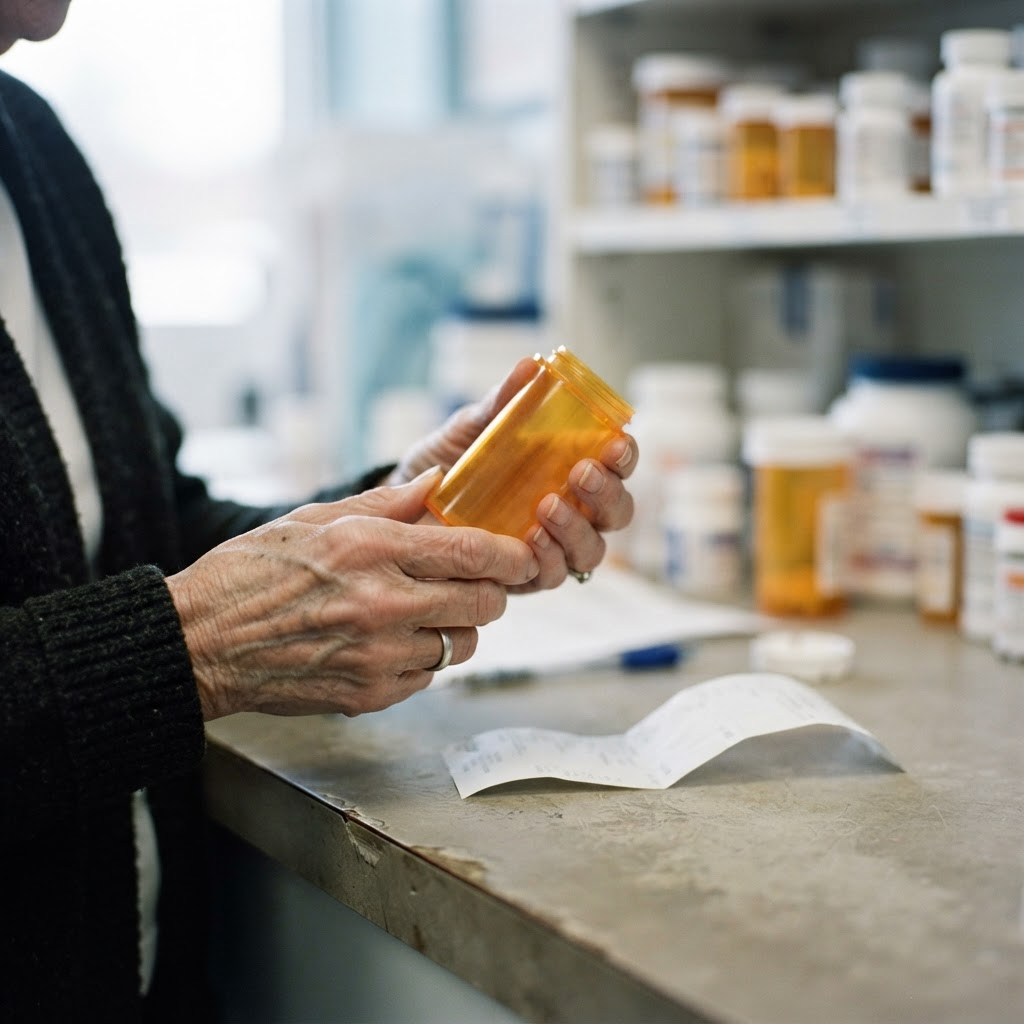 Older hands hold a prescription pill bottle over a pharmacy counter with a receipt.