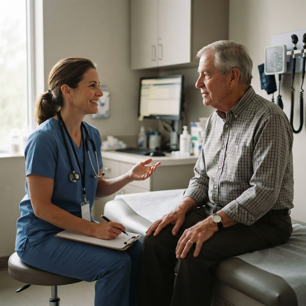 A doctor talks with an older patient during a wellness visit in an exam room.