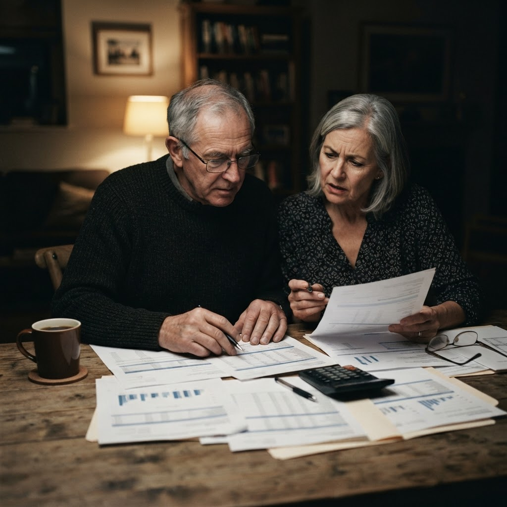 A retired couple reviews investment and retirement account statements at a table in the evening.