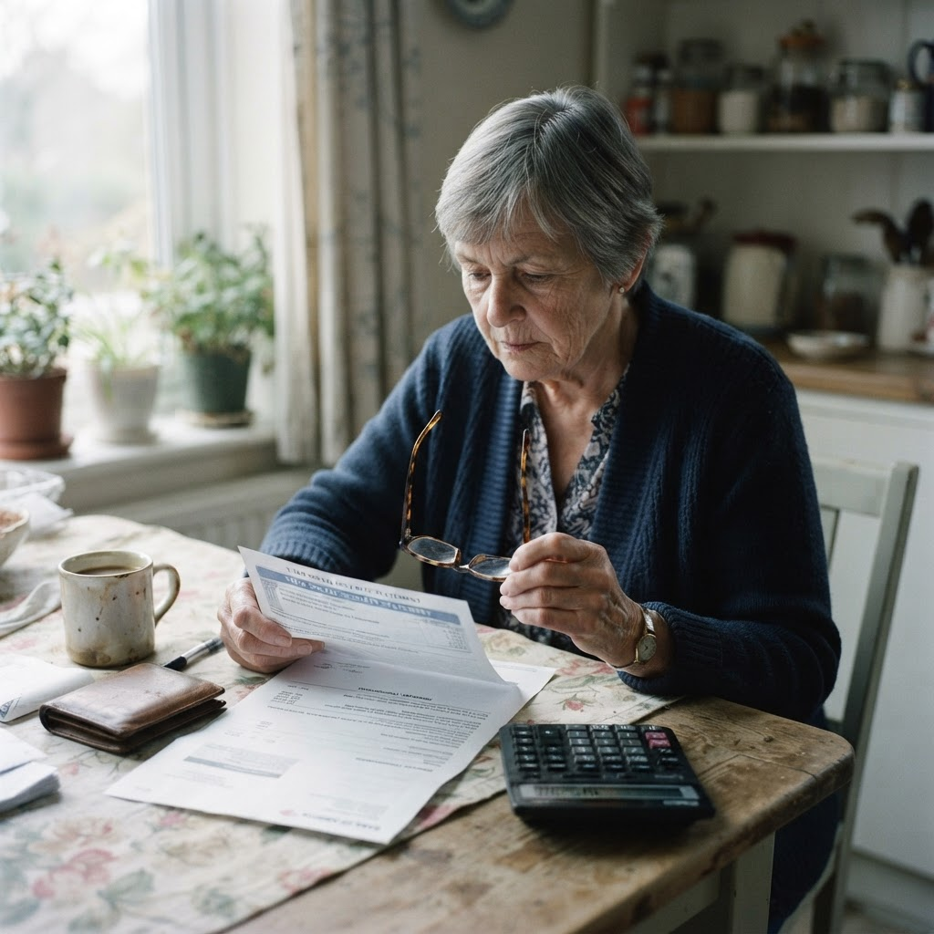 An older person reviews a Social Security benefits statement at a kitchen table.